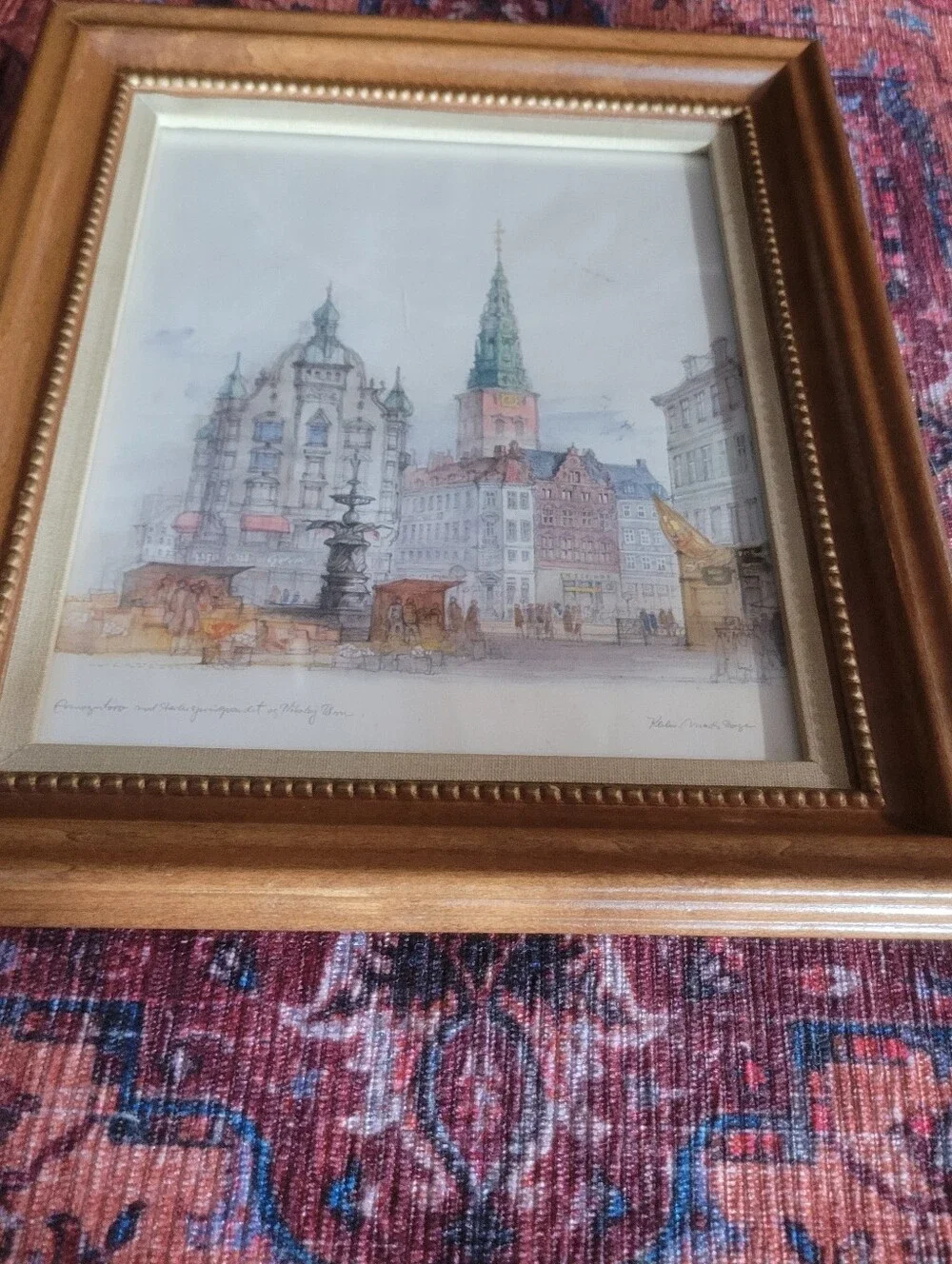 Mid-Century Danish Artist Mads Stage Copenhagen Cityscape Watercolor Print Frame
